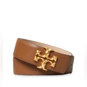 Tory Burch Brown and Cream Pink Reversible Leather Belt with Gold Logo Buckle